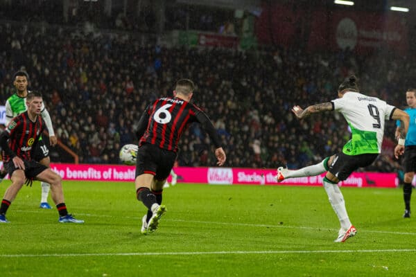 BOURNEMOUTH, ENGLAND - Wednesday, November 1, 2023: Liverpool's Darwin Núñez scores the first goal during the Football League Cup 4th Round match between AFC Bournemouth and Liverpool FC at Dean Court. (Photo by David Rawcliffe/Propaganda)