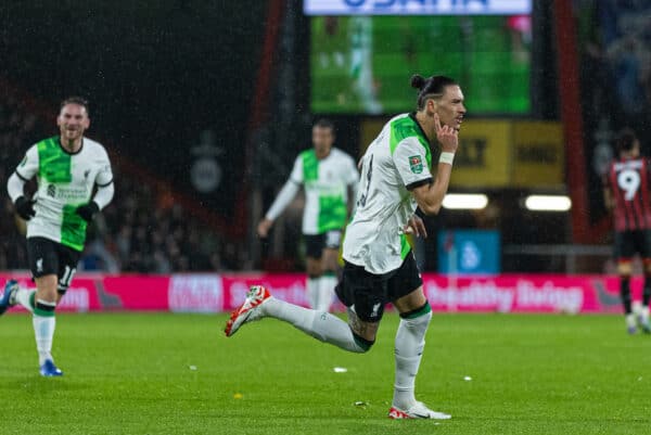 BOURNEMOUTH, ENGLAND - Wednesday, November 1, 2023: Liverpool's Darwin Núñez celebrates after scoring the second goal during the Football League Cup 4th Round match between AFC Bournemouth and Liverpool FC at Dean Court. (Photo by David Rawcliffe/Propaganda)