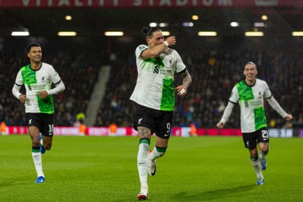 BOURNEMOUTH, ENGLAND - Wednesday, November 1, 2023: Liverpool's Darwin Núñez celebrates after scoring the second goal during the Football League Cup 4th Round match between AFC Bournemouth and Liverpool FC at Dean Court. (Photo by David Rawcliffe/Propaganda)