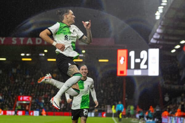 BOURNEMOUTH, ENGLAND - Wednesday, November 1, 2023: Liverpool's Darwin Núñez celebrates after scoring the second goal during the Football League Cup 4th Round match between AFC Bournemouth and Liverpool FC at Dean Court. (Photo by David Rawcliffe/Propaganda)