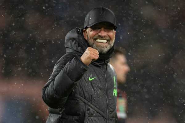 BOURNEMOUTH, ENGLAND - Wednesday, November 1, 2023: Liverpool's manager Jürgen Klopp celebrates after the Football League Cup 4th Round match between AFC Bournemouth and Liverpool FC at Dean Court. Liverpool won 2-1. (Photo by David Rawcliffe/Propaganda)