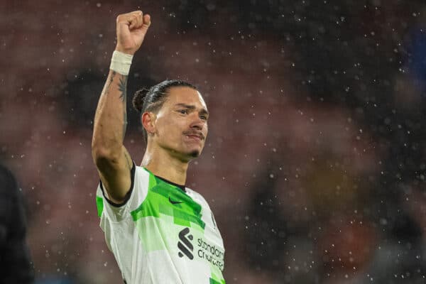 BOURNEMOUTH, ENGLAND - Wednesday, November 1, 2023: Liverpool's match-winning goal-scorer Darwin Núñez celebrates after the Football League Cup 4th Round match between AFC Bournemouth and Liverpool FC at Dean Court. Liverpool won 2-1. (Photo by David Rawcliffe/Propaganda)