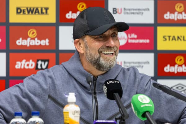 BOURNEMOUTH, ENGLAND - Wednesday, November 1, 2023: Liverpool's manager Jürgen Klopp is all smiles in the post-match press conference after the Football League Cup 4th Round match between AFC Bournemouth and Liverpool FC at Dean Court. Liverpool won 2-1. (Photo by David Rawcliffe/Propaganda)