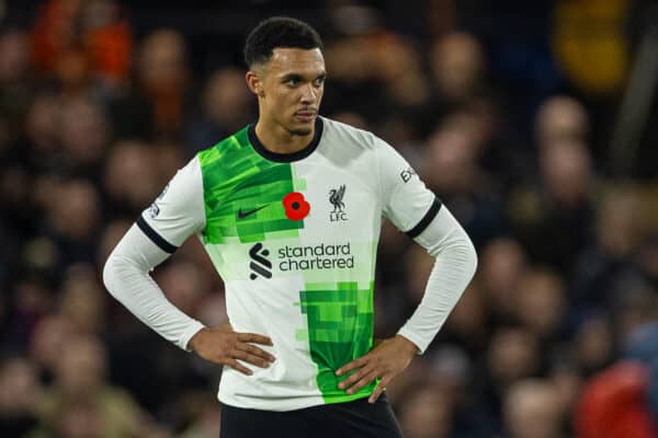 LUTON, ENGLAND - Sunday, November 5, 2023: Liverpool's Trent Alexander-Arnold looks dejected during the FA Premier League match between Luton Town FC and Liverpool FC at Kenilworth Road. (Photo by David Rawcliffe/Propaganda)