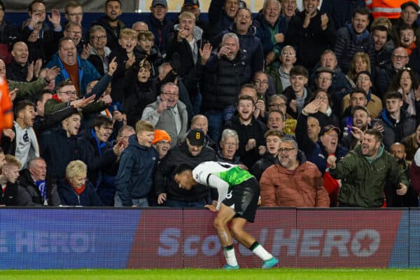 LUTON, ENGLAND - Sunday, November 5, 2023: Liverpool's Trent Alexander-Arnold falls into the crowd during the FA Premier League match between Luton Town FC and Liverpool FC at Kenilworth Road. (Photo by David Rawcliffe/Propaganda)