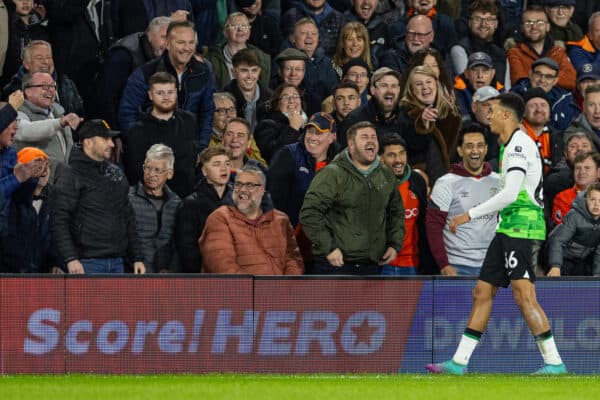 LUTON, ENGLAND - Sunday, November 5, 2023: Liverpool's Trent Alexander-Arnold laughs after falling into the crowd during the FA Premier League match between Luton Town FC and Liverpool FC at Kenilworth Road. (Photo by David Rawcliffe/Propaganda)