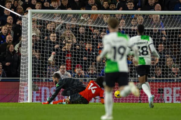 LUTON, ENGLAND - Sunday, November 5, 2023: Liverpool's goalkeeper Alisson Becker is beaten as Luton Town's Tahith Chong scores the first goal during the FA Premier League match between Luton Town FC and Liverpool FC at Kenilworth Road. (Photo by David Rawcliffe/Propaganda)