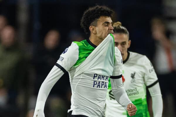 LUTON, ENGLAND - Sunday, November 5, 2023: Liverpool's Luis Díaz shows a shirt with "Papa Papa" on after scoring the equalising goal during the FA Premier League match between Luton Town FC and Liverpool FC at Kenilworth Road. (Photo by David Rawcliffe/Propaganda)