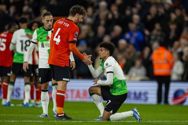 LUTON, ENGLAND - Sunday, November 5, 2023: Liverpool's Luis Díaz (R) and Luton Town's captain Tom Lockyer after the FA Premier League match between Luton Town FC and Liverpool FC at Kenilworth Road. (Photo by David Rawcliffe/Propaganda)