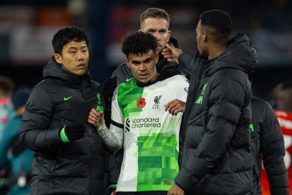 LUTON, ENGLAND - Sunday, November 5, 2023: Liverpool's goal-scorer Luis Díaz is surrounded by team-mates after the FA Premier League match between Luton Town FC and Liverpool FC at Kenilworth Road. (Photo by David Rawcliffe/Propaganda)