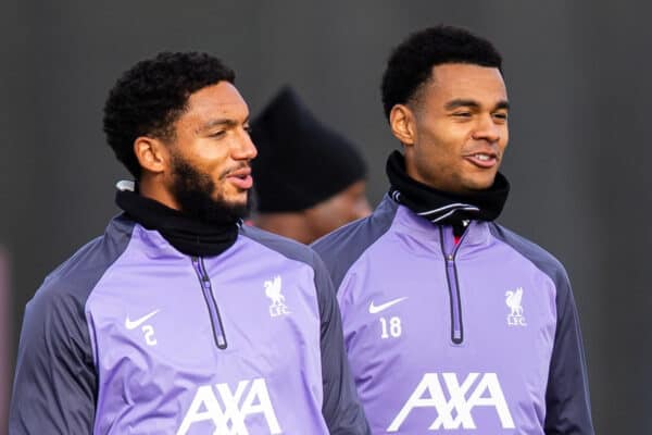 LIVERPOOL, ENGLAND - Wednesday, November 8, 2023: Liverpool's Joe Gomez (L) and Cody Gakpo during a training session at the AXA Training Centre ahead of the UEFA Europa League Group E match between Toulouse FC and Liverpool FC. (Photo by Jessica Hornby/Propaganda)