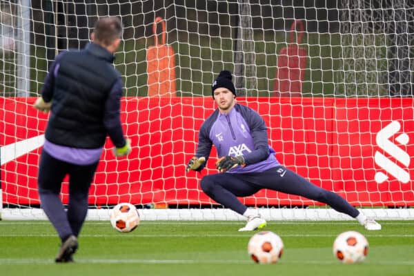 LIVERPOOL, ENGLAND - Wednesday, November 8, 2023: Liverpool's goalkeeper Caoimhin Kelleher during a training session at the AXA Training Centre ahead of the UEFA Europa League Group E match between Toulouse FC and Liverpool FC. (Photo by Jessica Hornby/Propaganda)