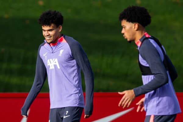 LIVERPOOL, ENGLAND - Wednesday, November 8, 2023: Liverpool's Luis Díaz during a training session at the AXA Training Centre ahead of the UEFA Europa League Group E match between Toulouse FC and Liverpool FC. (Photo by Jessica Hornby/Propaganda)