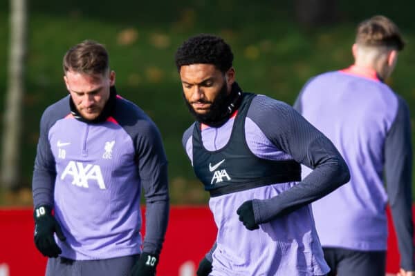 LIVERPOOL, ENGLAND - Wednesday, November 8, 2023: Liverpool's Joe Gomez during a training session at the AXA Training Centre ahead of the UEFA Europa League Group E match between Toulouse FC and Liverpool FC. (Photo by Jessica Hornby/Propaganda)