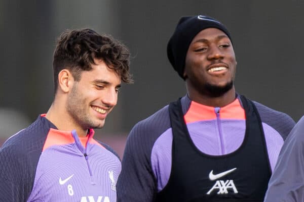 LIVERPOOL, ENGLAND - Wednesday, November 8, 2023: Liverpool's Dominik Szoboszlai (L), Ibrahima Konaté (2nd L), Cody Gakpo (C), Joe Gomez (2nd R) and captain Virgil van Dijk during a training session at the AXA Training Centre ahead of the UEFA Europa League Group E match between Toulouse FC and Liverpool FC. (Photo by Jessica Hornby/Propaganda)