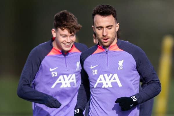 LIVERPOOL, ENGLAND - Wednesday, November 8, 2023: Liverpool's Diogo Jota during a training session at the AXA Training Centre ahead of the UEFA Europa League Group E match between Toulouse FC and Liverpool FC. (Photo by Jessica Hornby/Propaganda)