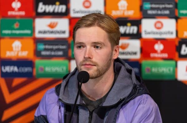 TOULOUSE, ENGLAND - Wednesday, November 8, 2023: Liverpool's goalkeeper Caoimhin Kelleher during a press conference at the Stadium de Toulouse ahead of the UEFA Europa League Group E matchday 4 game between Toulouse FC and Liverpool FC. (Photo by David Rawcliffe/Propaganda)