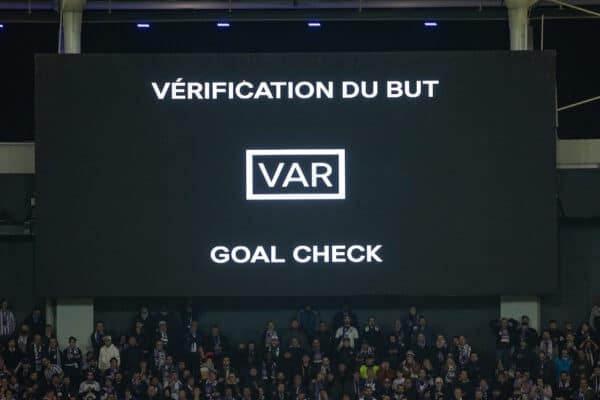 TOULOUSE, FRANCE - Thursday, November 9, 2023: VAR check to disallow Liverpool's equalising third goal during the UEFA Europa League Group E match-day 4 game between Toulouse FC and Liverpool FC at the Stadium de Toulouse. (Photo by David Rawcliffe/Propaganda)