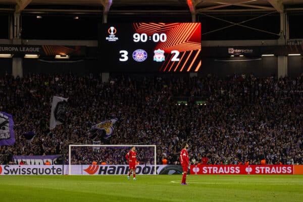 TOULOUSE, FRANCE - Thursday, November 9, 2023: Liverpool are beaten 3-2 during the UEFA Europa League Group E match-day 4 game between Toulouse FC and Liverpool FC at the Stadium de Toulouse. (Photo by David Rawcliffe/Propaganda)