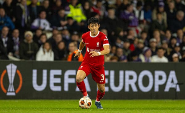 TOULOUSE, ENGLAND - Thursday, November 9, 2023: Liverpool's Wataru Endo during the UEFA Europa League Group E match-day 4 game between Toulouse FC and Liverpool FC at the Stadium de Toulouse. (Photo by David Rawcliffe/Propaganda)