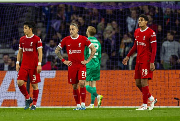 TOULOUSE, ENGLAND - Thursday, November 9, 2023: Liverpool's Kostas Tsimikas (C) looks dejected as his mistake leads to Toulouse scoring the opening goal during the UEFA Europa League Group E match-day 4 game between Toulouse FC and Liverpool FC at the Stadium de Toulouse. (Photo by David Rawcliffe/Propaganda)