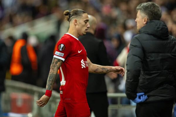 TOULOUSE, ENGLAND - Thursday, November 9, 2023: Liverpool's Kostas Tsimikas walks off at half-time with his side losing 1-0 during the UEFA Europa League Group E match-day 4 game between Toulouse FC and Liverpool FC at the Stadium de Toulouse. (Photo by David Rawcliffe/Propaganda)