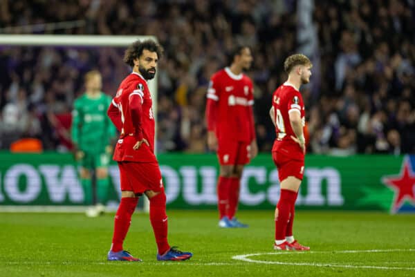 TOULOUSE, FRANCE - Thursday, November 9, 2023: Liverpool's Mohamed Salah looks dejected as Toulouse score the second goal during the UEFA Europa League Group E match-day 4 game between Toulouse FC and Liverpool FC at the Stadium de Toulouse. (Photo by David Rawcliffe/Propaganda)