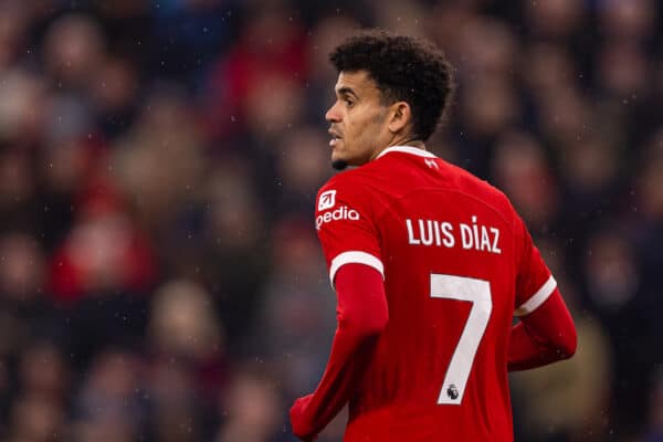 LIVERPOOL, ENGLAND - Saturday, November 11, 2023: Liverpool's Luis Díaz during the FA Premier League match between Liverpool FC and Brentford FC at Anfield. (Photo by David Rawcliffe/Propaganda)