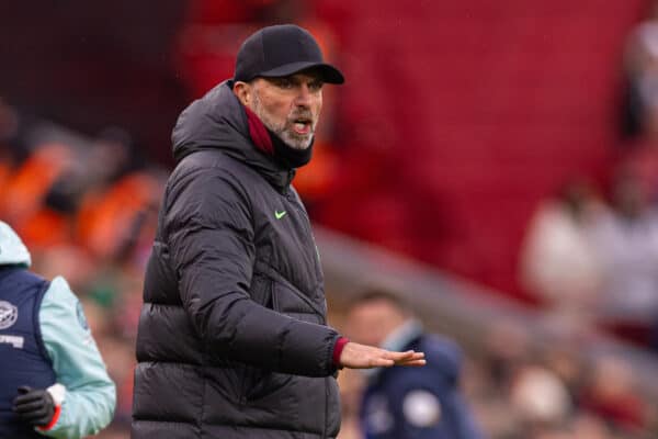 LIVERPOOL, ENGLAND - Saturday, November 11, 2023: Liverpool's manager Jürgen Klopp during the FA Premier League match between Liverpool FC and Brentford FC at Anfield. (Photo by David Rawcliffe/Propaganda)