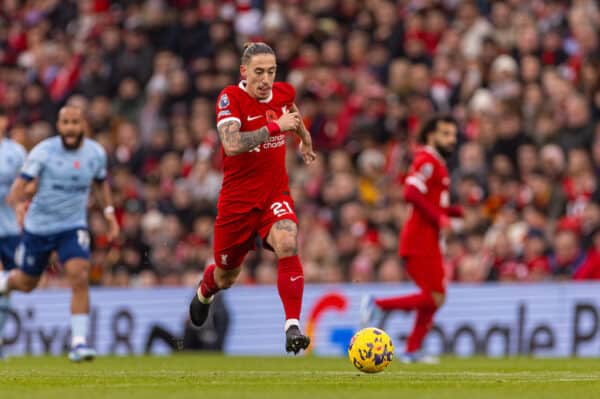 LIVERPOOL, ENGLAND - Saturday, November 11, 2023: Liverpool's Kostas Tsimikas during the FA Premier League match between Liverpool FC and Brentford FC at Anfield. (Photo by David Rawcliffe/Propaganda)