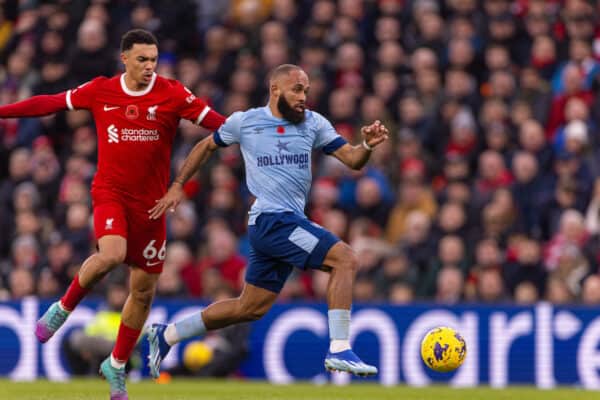 LIVERPOOL, ENGLAND - Saturday, November 11, 2023: Brentford's Bryan Mbeumo (R) runs past Liverpool's Trent Alexander-Arnold during the FA Premier League match between Liverpool FC and Brentford FC at Anfield. (Photo by David Rawcliffe/Propaganda)