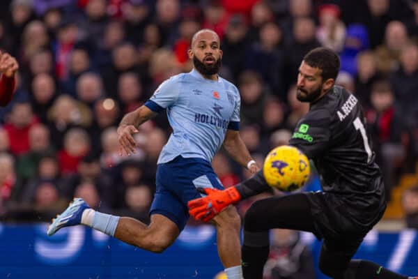 LIVERPOOL, ENGLAND - Saturday, November 11, 2023: Brentford's Bryan Mbeumo sees his shot saved by Liverpool's goalkeeper Alisson Becker during the FA Premier League match between Liverpool FC and Brentford FC at Anfield. (Photo by David Rawcliffe/Propaganda)