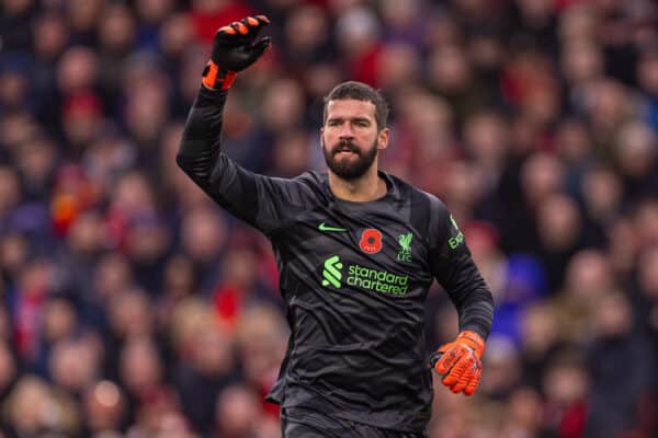 LIVERPOOL, ENGLAND - Saturday, November 11, 2023: Liverpool's goalkeeper Alisson Becker during the FA Premier League match between Liverpool FC and Brentford FC at Anfield. (Photo by David Rawcliffe/Propaganda)