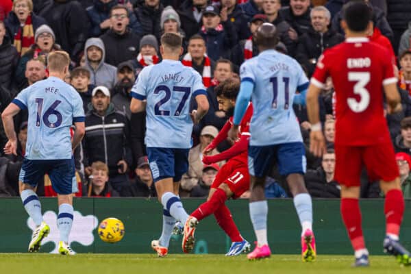LIVERPOOL, ENGLAND - Saturday, November 11, 2023: Liverpool's Mohamed Salah scores the opening goal during the FA Premier League match between Liverpool FC and Brentford FC at Anfield. (Photo by David Rawcliffe/Propaganda)