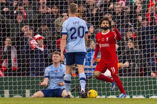 LIVERPOOL, ENGLAND - Saturday, November 11, 2023: Liverpool's Mohamed Salah celebrates after scoring the opening goal during the FA Premier League match between Liverpool FC and Brentford FC at Anfield. (Photo by David Rawcliffe/Propaganda)