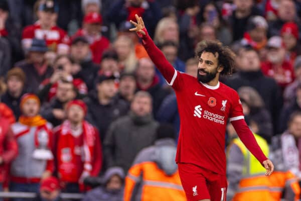 LIVERPOOL, ENGLAND - Saturday, November 11, 2023: Liverpool's Mohamed Salah celebrates after scoring the opening goal during the FA Premier League match between Liverpool FC and Brentford FC at Anfield. (Photo by David Rawcliffe/Propaganda)