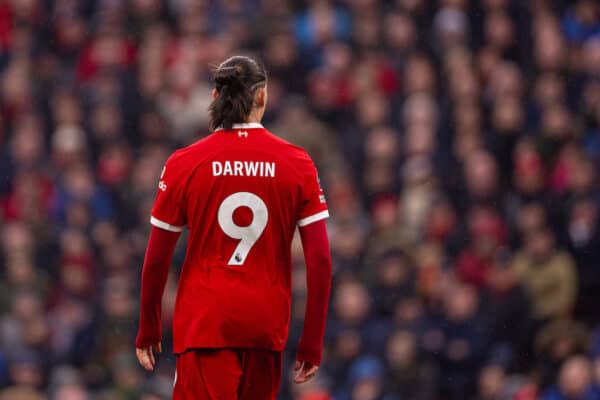 LIVERPOOL, ENGLAND - Saturday, November 11, 2023: Liverpool's Darwin Núñez during the FA Premier League match between Liverpool FC and Brentford FC at Anfield. (Photo by David Rawcliffe/Propaganda)