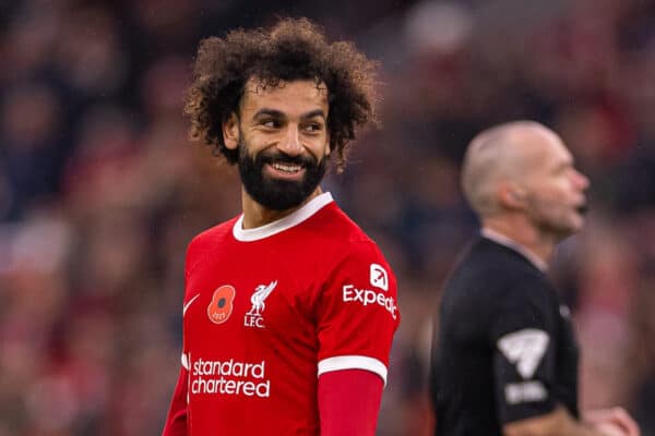 LIVERPOOL, ENGLAND - Saturday, November 11, 2023: Liverpool's Mohamed Salah celebrates after scoring the second goal, his 200th in English football, during the FA Premier League match between Liverpool FC and Brentford FC at Anfield. (Photo by David Rawcliffe/Propaganda)