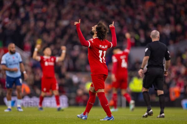 LIVERPOOL, ENGLAND - Saturday, November 11, 2023: Liverpool's Mohamed Salah celebrates after scoring the second goal, his 200th in English football, during the FA Premier League match between Liverpool FC and Brentford FC at Anfield. (Photo by David Rawcliffe/Propaganda)