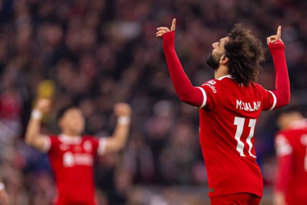 LIVERPOOL, ENGLAND - Saturday, November 11, 2023: Liverpool's Mohamed Salah celebrates after scoring the second goal, his 200th in English football, during the FA Premier League match between Liverpool FC and Brentford FC at Anfield. (Photo by David Rawcliffe/Propaganda)