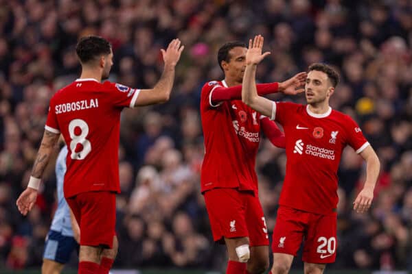 LIVERPOOL, ENGLAND - Saturday, November 11, 2023: Liverpool's Diogo Jota (R) celebrates after scoring the third goal during the FA Premier League match between Liverpool FC and Brentford FC at Anfield. (Photo by David Rawcliffe/Propaganda)