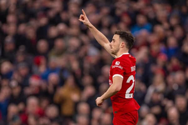 LIVERPOOL, ENGLAND - Saturday, November 11, 2023: Liverpool's Diogo Jota celebrates after scoring the third goal during the FA Premier League match between Liverpool FC and Brentford FC at Anfield. (Photo by David Rawcliffe/Propaganda)