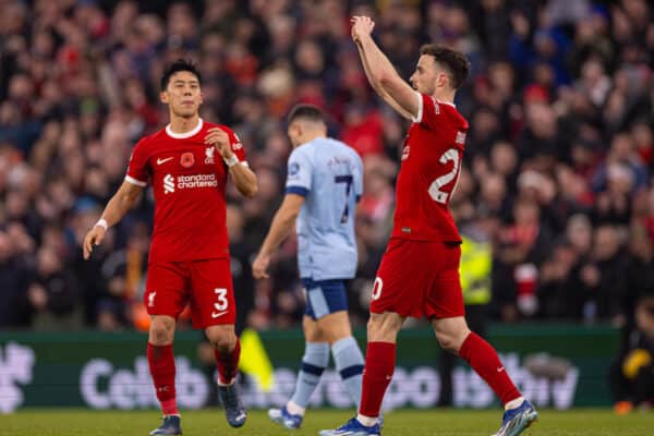 LIVERPOOL, ENGLAND - Saturday, November 11, 2023: Liverpool's Diogo Jota (R) celebrates after scoring the third goal during the FA Premier League match between Liverpool FC and Brentford FC at Anfield. (Photo by David Rawcliffe/Propaganda)