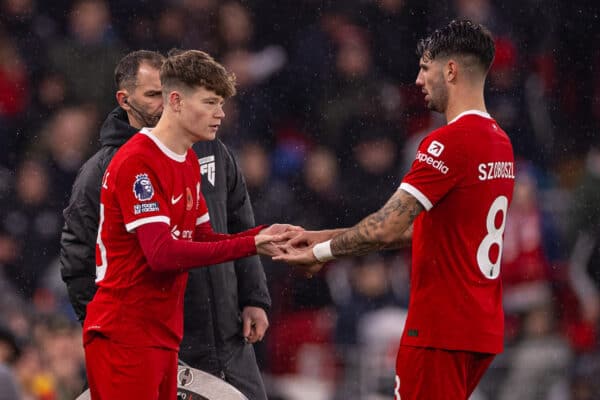 LIVERPOOL, ENGLAND - Saturday, November 11, 2023: Liverpool's substitute James McConnell (L) comes on for Dominik Szoboszlai during the FA Premier League match between Liverpool FC and Brentford FC at Anfield. (Photo by David Rawcliffe/Propaganda)