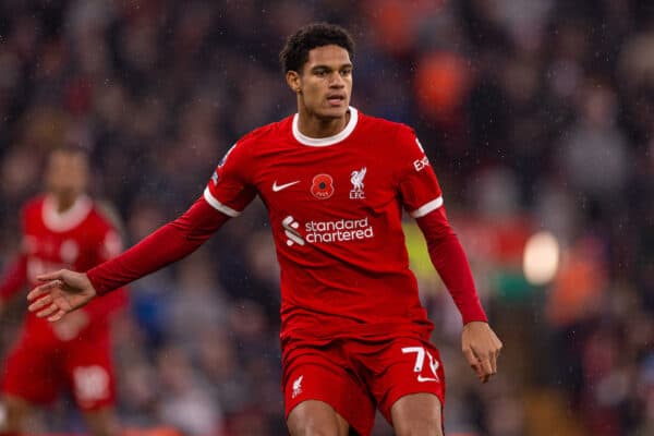 LIVERPOOL, ENGLAND - Saturday, November 11, 2023: Liverpool's Jarell Quansah during the FA Premier League match between Liverpool FC and Brentford FC at Anfield. (Photo by David Rawcliffe/Propaganda)