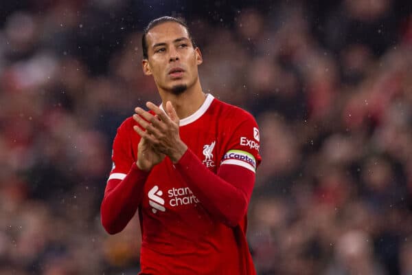 LIVERPOOL, ENGLAND - Saturday, November 11, 2023: Liverpool's captain Virgil van Dijk applauds the supporters after the FA Premier League match between Liverpool FC and Brentford FC at Anfield. (Photo by David Rawcliffe/Propaganda)