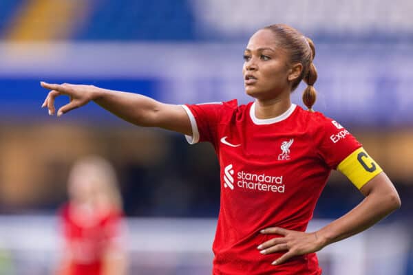 LONDON, ENGLAND - Saturday, November 18, 2023: Liverpool's Taylor Hinds during the FA Women’s Super League game between Chelsea FC Women and Liverpool FC Women at Stamford Bridge. (Photo by David Rawcliffe/Propaganda)