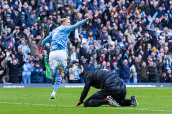 MANCHESTER, ENGLAND - Saturday, November 25, 2023: Manchester City's Erling Haaland celebrates after scoring the opening goal during the FA Premier League match between Manchester City FC and Liverpool FC at the City of Manchester Stadium. (Photo by David Rawcliffe/Propaganda)