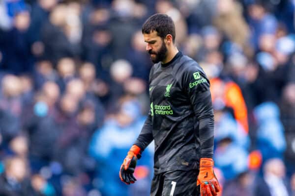 MANCHESTER, ENGLAND - Saturday, November 25, 2023: Liverpool's goalkeeper Alisson Becker looks dejected during the FA Premier League match between Manchester City FC and Liverpool FC at the City of Manchester Stadium. (Photo by David Rawcliffe/Propaganda)