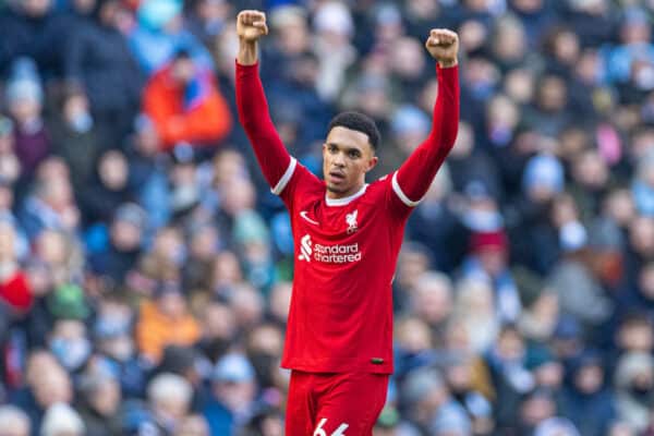 MANCHESTER, ENGLAND - Saturday, November 25, 2023: Liverpool's Trent Alexander-Arnold celebrates after scoring the first equalising goal during the FA Premier League match between Manchester City FC and Liverpool FC at the City of Manchester Stadium. (Photo by David Rawcliffe/Propaganda)